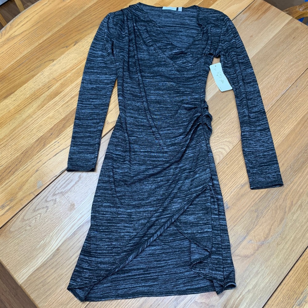 RD Style Women Grey Space Dye Long Sleeve Faux Wrap Ruched Dress 67W119S Small